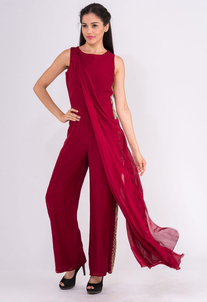 Maroon Drape-Me-Over Embroidered Jumpsuit by Bhaavya Bhatnagar