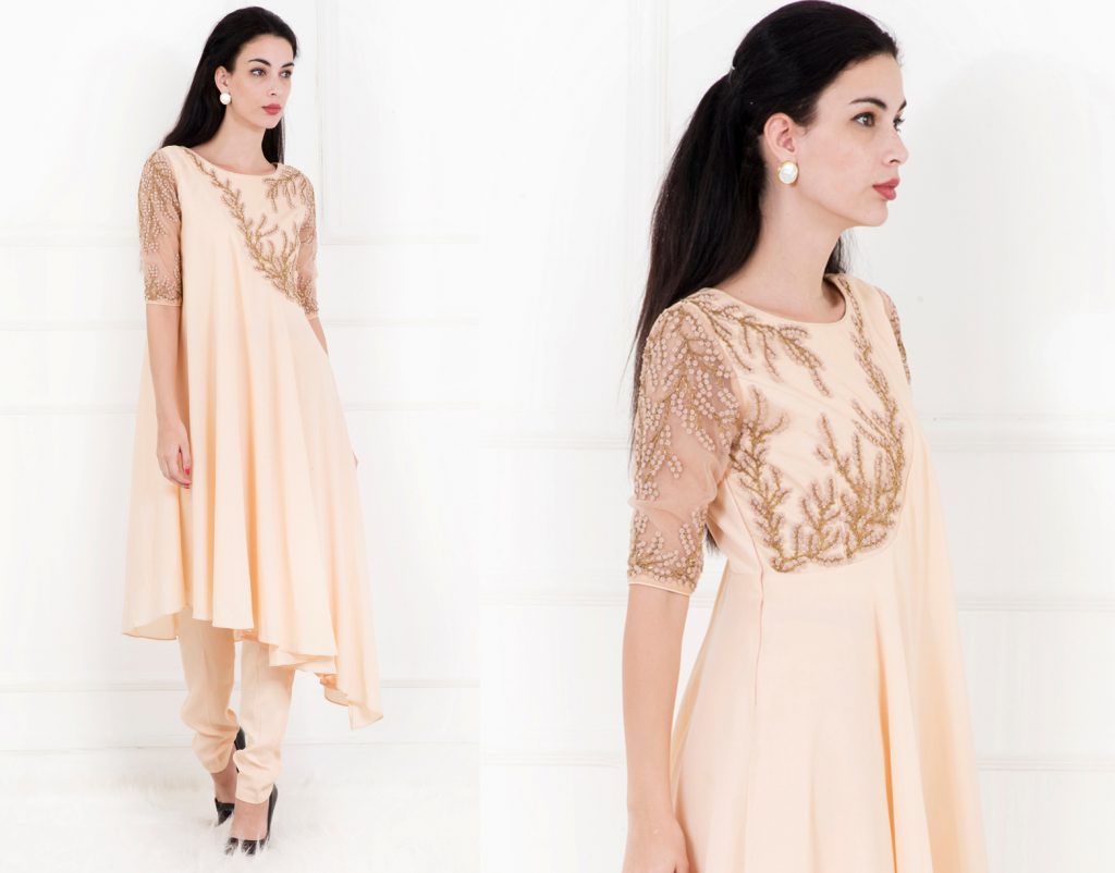 Peach Asymmetric Embroidered Kurta Set by Bhaavya Bhatnagar 