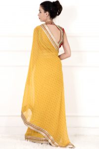 Yellow and Gold Embroidered Saree with Stitched Blouse by Ritu Kumar 
