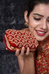 Red Embroidered Box Clutch by Ritu Kumar 