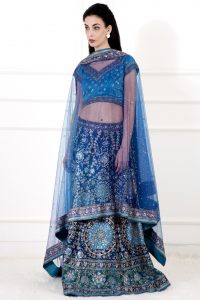 Turquoise Blue rayon-Crepe embellished Lehenga by Ritu Kumar 