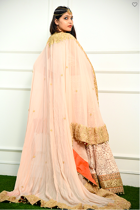 Jyoti Sachdev ivory pink lehenga available for rent on datetheramp.cpm