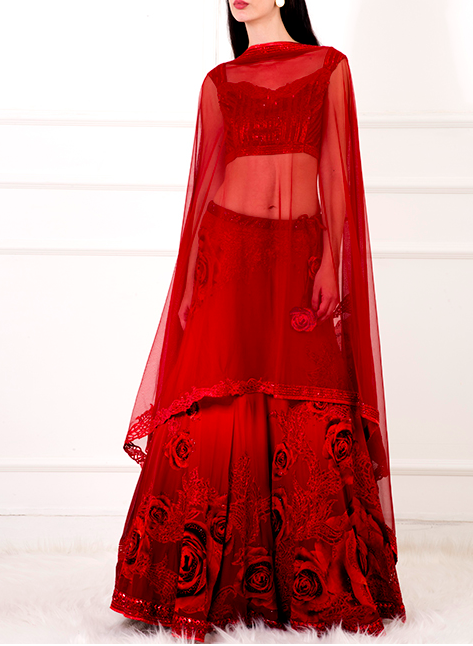 Satya Paul red bridal lehenga available for rent on datetheramp.com