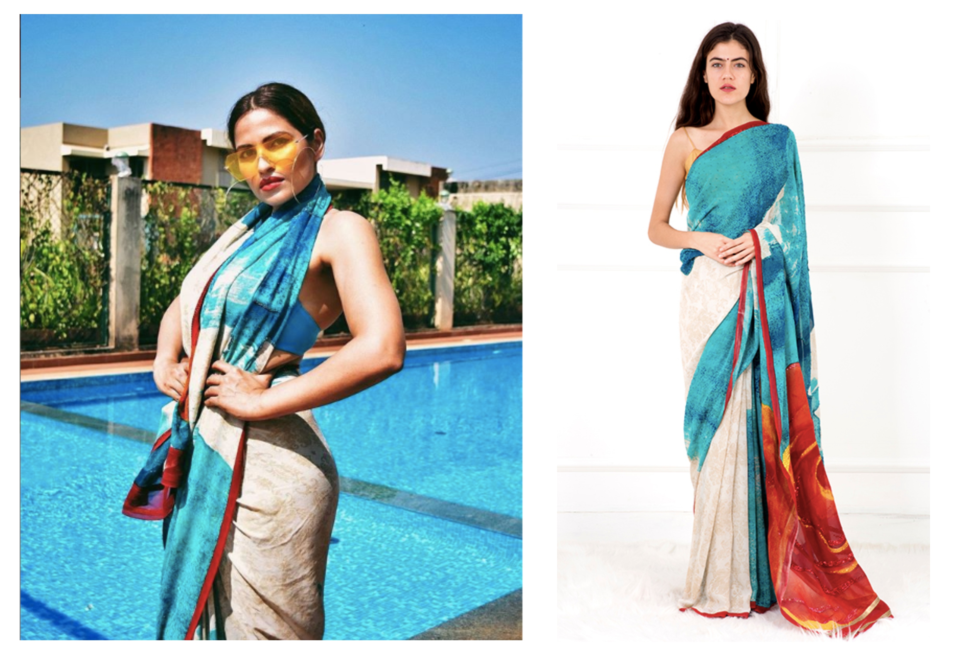 Girl near the pool wearing Satya Paul Saree on rent at DateTheRamp