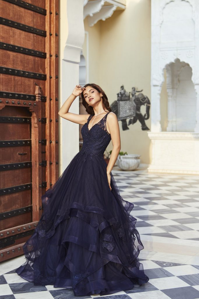 NAVY BLUE FLARED GOWN