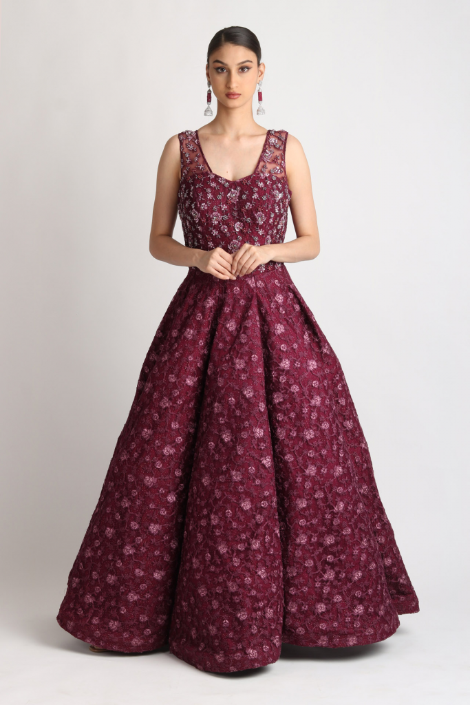 WINE-EMBROIDERED BALL GOWN