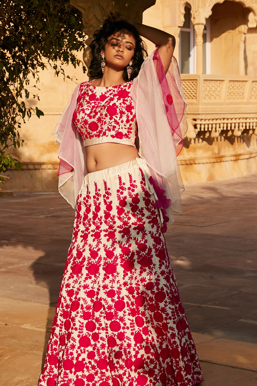 White and Red floral lehenga