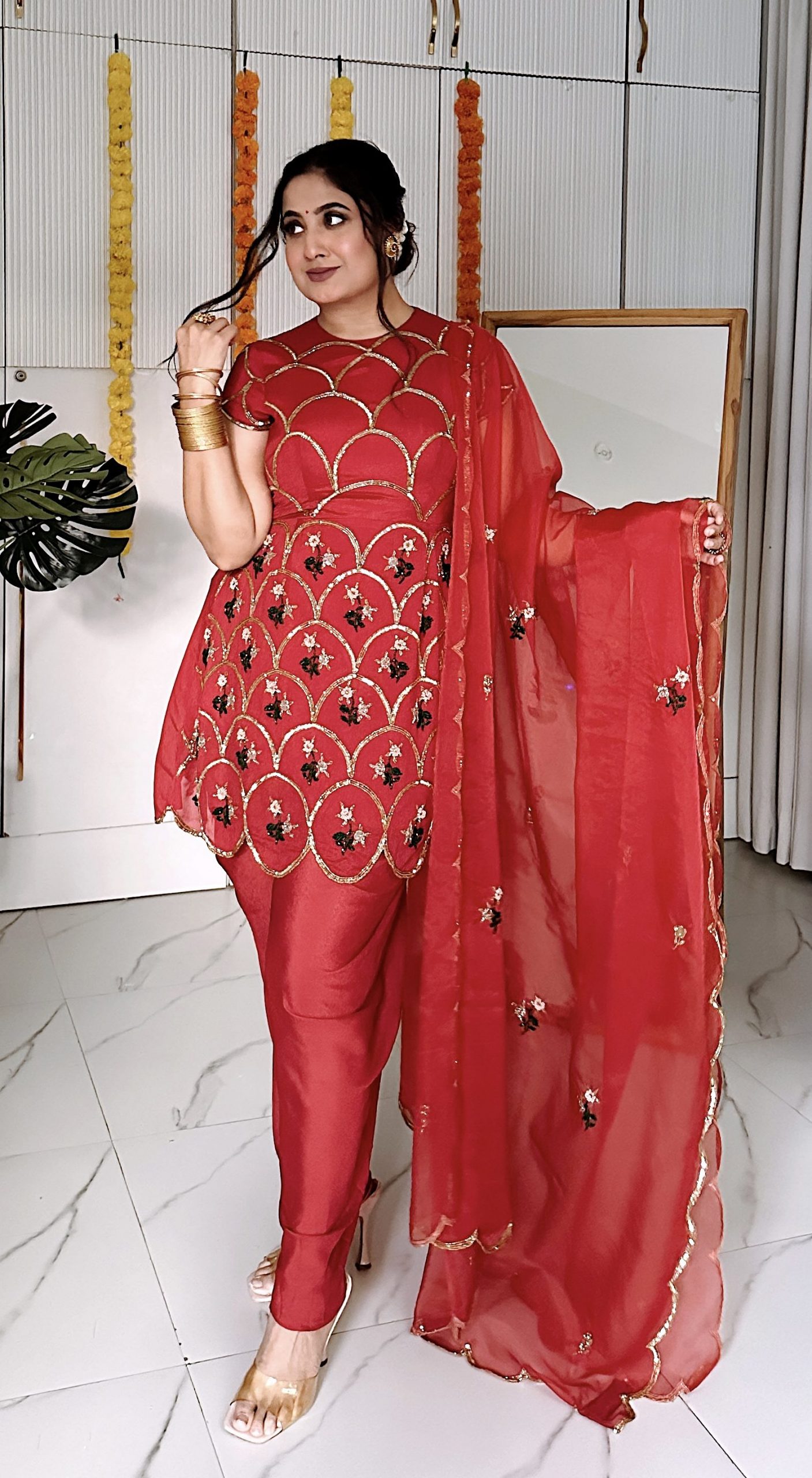 showcasing Red Scallop Suit Set by ease